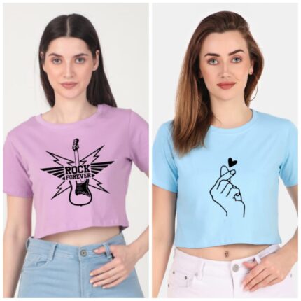 Trendy 190 GSM BIO Washed and Enzyme Washed 100% COTTON COMBO OF TWO PRINTED CROP TOPS from Trendy Rabbit