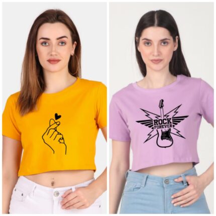 Trendy 190 GSM BIO Washed and Enzyme Washed 100% COTTON COMBO OF TWO PRINTED CROP TOPS from Trendy Rabbit