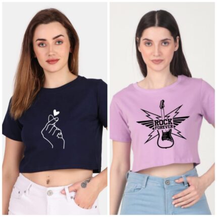 Trendy 190 GSM BIO Washed and Enzyme Washed 100% COTTON COMBO OF TWO PRINTED CROP TOPS from Trendy Rabbit