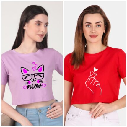 Trendy 190 GSM BIO Washed and Enzyme Washed 100% COTTON COMBO OF TWO PRINTED CROP TOPS from Trendy Rabbit