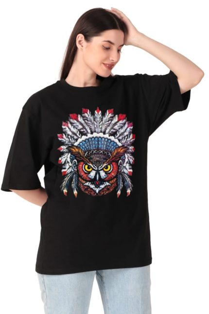 Cotton Ladies Oversized Owl Printed T-shirt