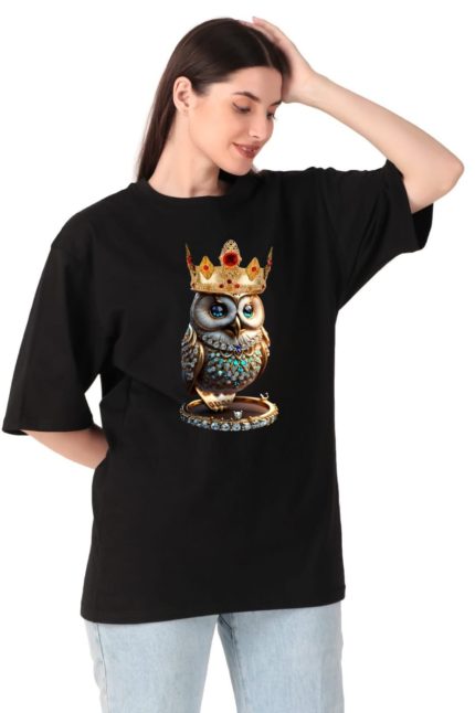 Cotton Ladies Oversized Owl Printed T-shirt